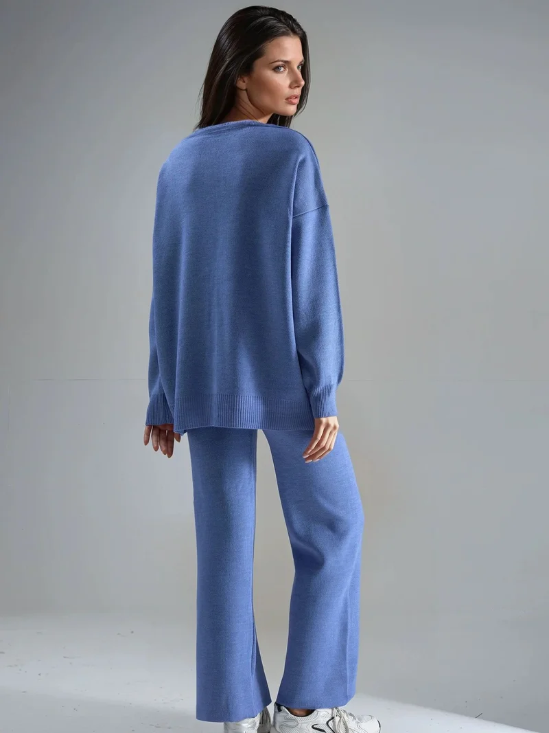 MY FASHION Baby Blue MY FASHION V-Neck Cardigan and Wide Leg Pants Knitwear Set for Women | Best Price UAE